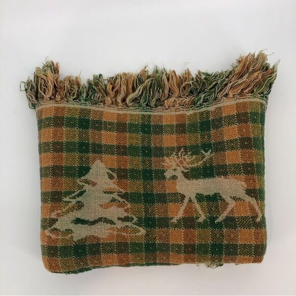 Christmas Tree Reindeer Fringe Afghan Blanket Green Gold - Picture 3 of 3
